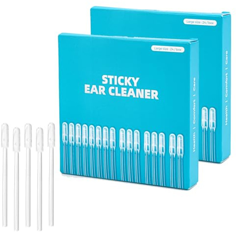 Set di 48 pezzi per la rimozione del cerume, bastoncini adesivi per la pulizia delle orecchie per adulti e bambini, riutilizzabili, con testine in resina morbida. (Grande)