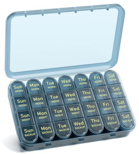 Betife pillerask organisatör 4 gånger om dagen, veckovisa pillerlådor, bärbar 7-dagars surfplatteorganisatör, daglig pillerdispenser 4 fack, stor tablettlåda för medicinering, vitaminer, kosttillskott