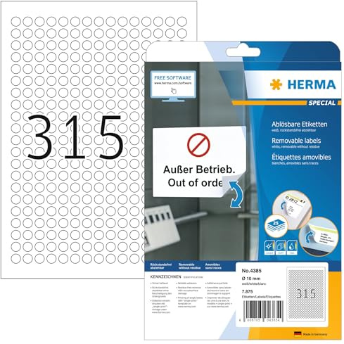 HERMA 4385 universella etiketter A4 avtagbart (Ø 10 mm, 25 ark, papper, matt, rund) självhäftande, utskrivbara, avtagbara och återhäftande adressetiketter, 7 875 klistermärken, vit