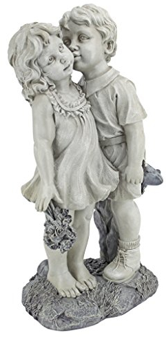 Design Toscano Young Sweethearts Kissing Children Outdoor Garden Statue, Polyresin, Two Tone Stone, 56 cm, 22 Inch