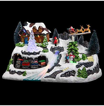 Weihnachtsdekoration, Motiv: Weihnachtsdorf mit Zug, beleuchtet