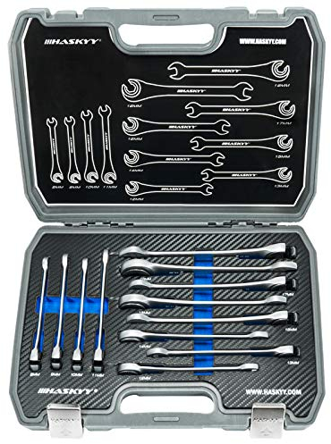 HASKYY Jeu de 12 clés à cliquet ouvertes 8-19 mm - Clé à cliquet - Clé polygonale - Clé de conduite de frein avec fonction cliquet