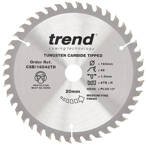 Trend Wood Cordless ATBR Kreissägeblatt, 165 mm Durchmesser, 20 mm Bohrung, 42 Zähne, 1,9 mm Schnittfuge, +10° Haken, TCT, feine Oberfläche, CSB/16542TD