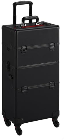 Yaheetech Professional Makeup Trolley 3 in 1 Extra Large Makeup Case Cosmetic Case Hairdressing Vanity Case Beauty Nail Rolling Trolley Cosmetic Box on Wheels, All Black