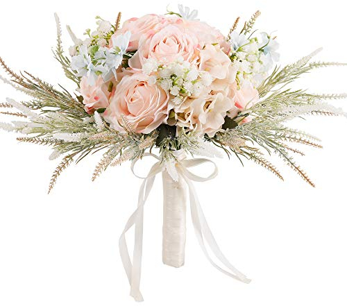 LESING 11.8 Bridal Wedding Bouquets Artificial Rose Flowers Bouquet Handmade Romantic Wedding Bouquets for Bride Bridesmaid Holding Flowers (Rose Bouquet-Pink)