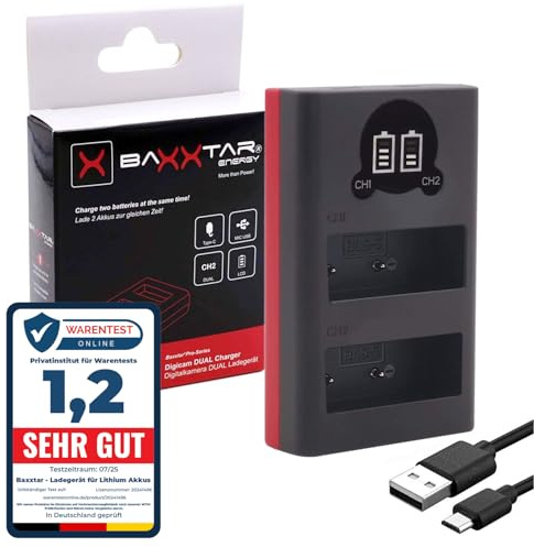 Baxxtar 18802 Ladegerät für Akku BLS-5 BLS-50 BLS-1 kompatibel mit Olympus OM-System - Mini Ladegerät Dual LCD - Versorgung über USB-C oder Micro-USB
