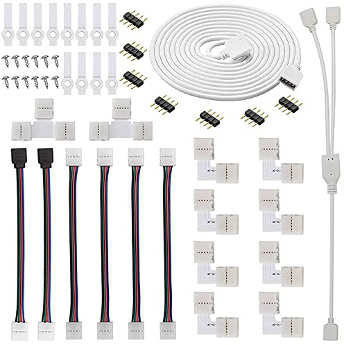 GTIWUNG 5050 Kit de Conector de Tira de luz LED RGB de 4 Pines, Cable Divisor de 2 Vías, Conectores en forma de L& T, Clips de tira de luz de LED
