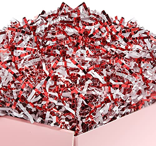 UNIQOOO 227 g metalliskt rött vitt skrynkligt klippt papper, polkagris strimlat fyllmedel, jul pepparmynta sickfyllning Raffia näsduk, strängar strimlad hantverk sängkläder kudde, bröllop födelsedag