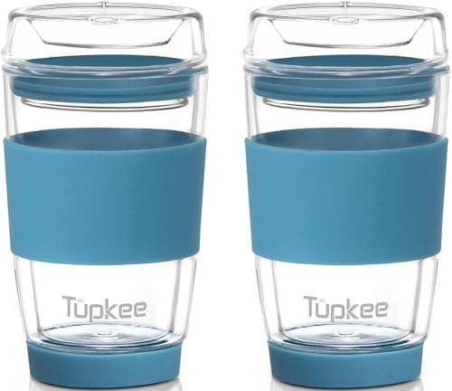 Tupkee dubbelvägg helglas tumlare – 8 uns, återanvändbar isolerad te-/kaffemugg och lock, handblåst glas resemugg – Niagara – 2-pack