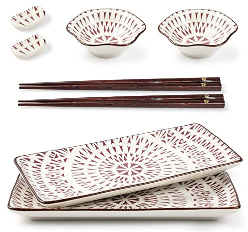 Mallyu Set di 8 piatti per sushi, 25,4 cm, in ceramica, set da portata con 2 piatti per sushi e ciotole per salsa di soia, 2 bacchette e supporto, regalo di inaugurazione della casa per matrimonio