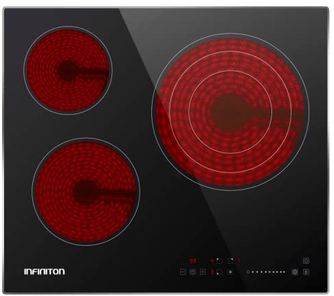 INFINITON VITRO-A3F - Placa de vitrocerámica, 3 Zonas, 9 Niveles de potencia, Modo Boost, Control táctil, Luz calor residual, Bloqueo intantíl