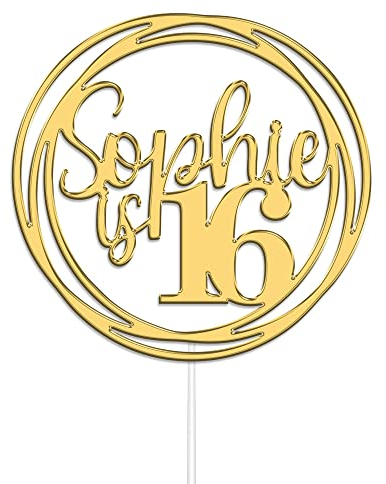 Personalised Round Happy Birthday Acrylic Cake Topper by KreateSquare | Custom Colour Any Name & Any Age Acrylic Cake Decoration for 1st 10th 16th 18th 20th 21st 30th 40th (Gold)