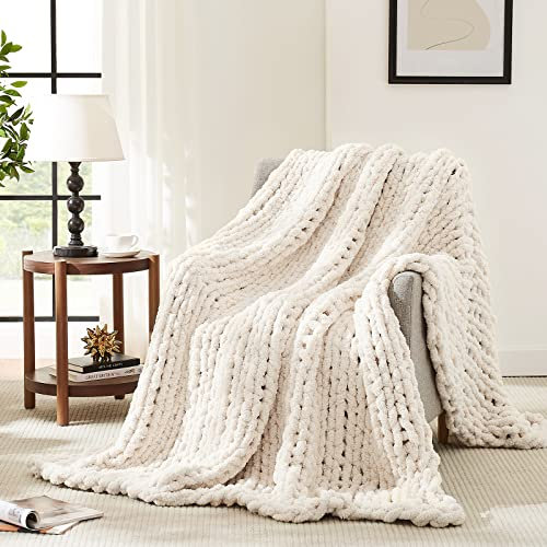 L'AGRATY Chunky Knit Blanket Throw, Soft Chenille Yarn, Handmade Thick Cable Knit Crochet Blanket, Large Throw for Couch, Sofa, Bed, Home Decor