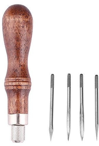 YUMILI Utensile per Pelle, Set Strumenti per Pelle, Punteruolo per Cucito in Pelle, Set per Cucito Artigianale in Pelle 4 in 1 con Manico in Legno, Strumento Perforatore Fai da Te per Cucire la Pelle
