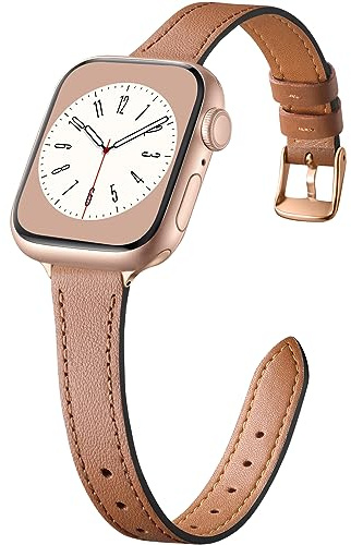 CeMiKa Bracelet Cuir Étroit Compatible avec Apple Watch 38mm 40mm 41mm 42mm | Bracelet Remplacement Cuir Fin Véritable pour Apple Watch SE3 SE/iWatch Series 11 10 9 8 7 6 5 4 3, Femmes Hommes, Marron