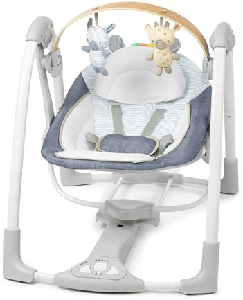 Ingenuity Swing 'n Go Babyschaukel & Babywippe mit Holz-Spielbogen, 5 Geschwindigkeiten, 0–9 Monate, bis 9 kg – Chambray