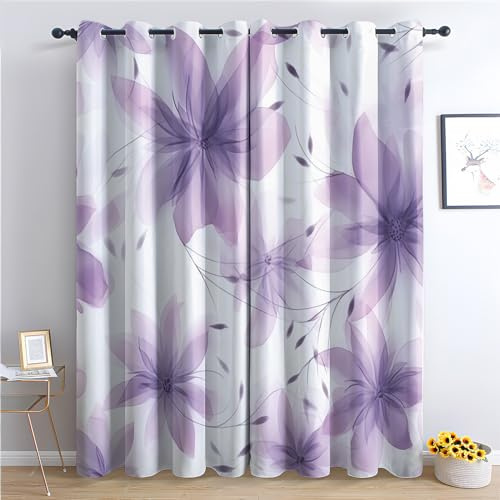 SZLYZM Lila Blumen Vorhänge, Verdunklungsvorhänge mit Muster Blumen, Vorhang Blickdicht mit Ösen, Gardinen für Wohnzimmer Schlafzimmer Kinderzimmer Deko 2er Set - 160x132 (H X B) (Q4-&219)