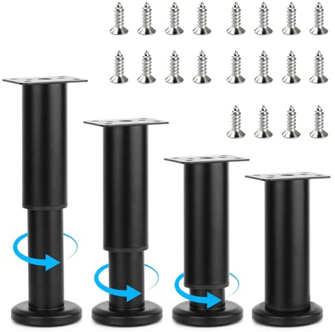 Yooler 4er Möbelfüße Set,12-18cm Möbelfüße Verstellbar, füße für möbel Metall schwarz Ersatz Stützfüße, DIY Schrankfüsse Tischfüße mit 20 Pcs Schrauben für Möbel Sofa Bett Nachttisch Fernsehschrank