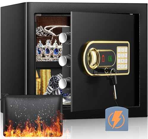 Mejasg Cassaforte da 35 l, resistente al fuoco, impermeabile, con ripiano estraibile e vano batterie esterno, cassaforte da parete per la casa, gioielli in contanti, documenti A4
