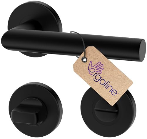 ERGO line LUCA Schwarz Türbeschlag Türgriff für Badtüren WC, L-FORM, Rund-Rosette, Drückergarnitur, Türbeschlag, Türklinke, Türdrücker