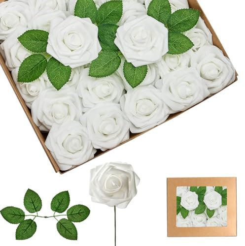 25Pcs White Artificial Roses, Real Touch Foam Roses with Stems, 4 Leaves, Artificial Flowers for Wedding, Bridal Bouquets, Cake, Grave Stone, Table Centerpieces, Baby Shower, Funeral Decoration