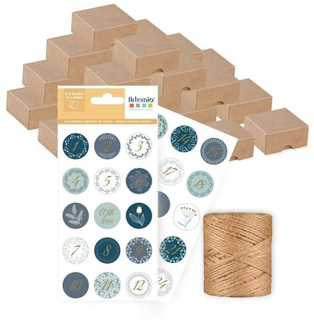 Calendrier de l'Avent avec 24 boîtes pliantes, autocollants ronds à chiffres bleu pétrole, fil de jute