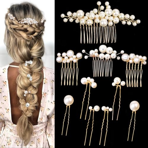 10PCS Gold Wedding Bridal Hair Combs Pearl Hair Pins Clips Vintage Hair Headpiece Jewelry for Bridesmaids Brides Flower Girls Hair Accessories
