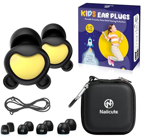 Kids Ear Plugs (6+yrs), Reusable Everyday Noise Reduction Earplugs for Focus, Travel, Socializing, Concerts, Events, Sensitivity, School, Playtime – Children Hearing Protection, 26 dB, 4 Sizes Tips