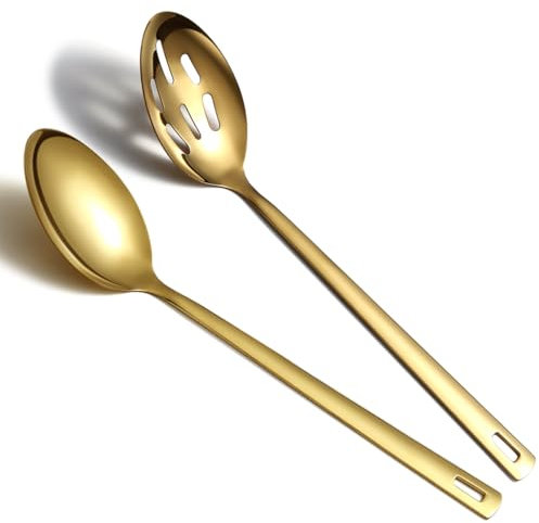 Gold Cooking Spoons Set of 2, Kyraton Stainless Steel Kitchen Solid Slotted Spoon, Titanium Gold Plating Cooking Utensils Set for Mixing, Serving, Stiring