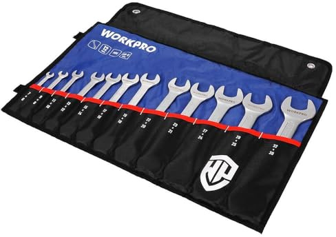 WORKPRO WP202507 - Juego de llaves planas profesionales CR-V 6-32 mm con mango abierto + bolsa de transporte de tela