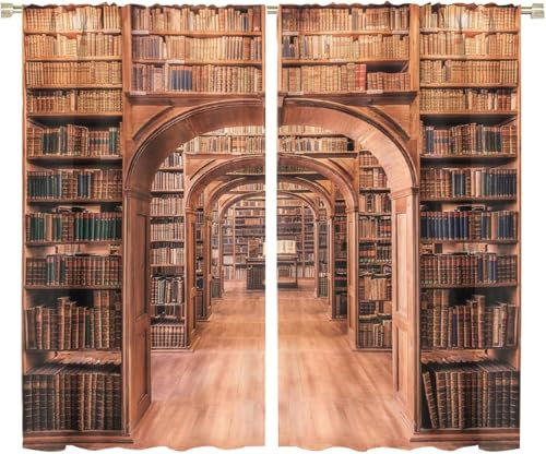 Vorhang Blickdicht Gardinen Mit Ösen - 2 Stücke 300X280 cm (B + H) Verdunklungsvorhänge 3D Bücher Bücherregal Muster Thermovorhang Für Kinderzimmer Wohnzimmer Schlafzimmer Weihnachtsgardine-677125380