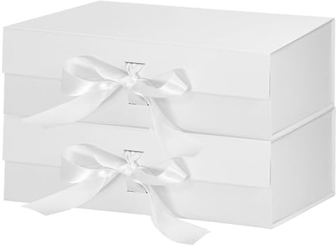 2 Stück Weiße Geschenkboxen mit Deckel, 26,7 x 19 x 7,8 cm, magnetische Geschenkbox mit Bändern, Geschenkboxen für Halloween, Weihnachten, Geburtstagsgeschenk, Hochzeit