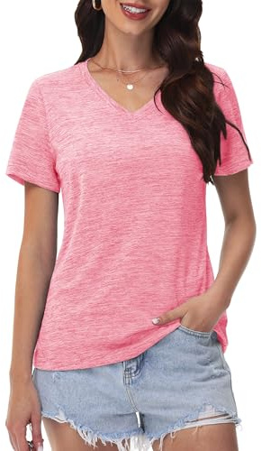 MAGCOMSEN Women's UV Protection Tops Hiking Clothes UPF 50+ Quick Dry Exercise V Neck Short Sleeve Shirts, Pink L