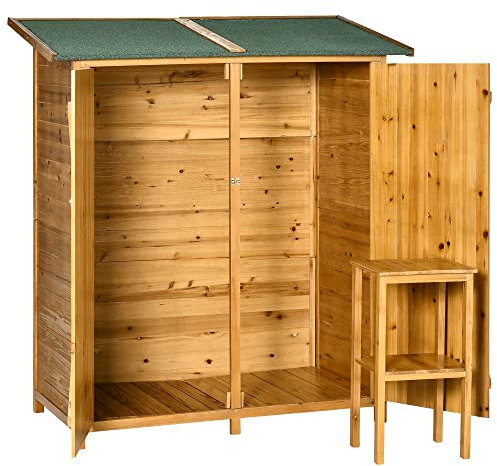 Outsunny Small Narrow Vertical Storage Shed, Wooden Garden Tool Cabinet with Movable Table, Lockable Door, Asphalt Roof, 140L x 75D x 160H cm, Natural Wood Finish