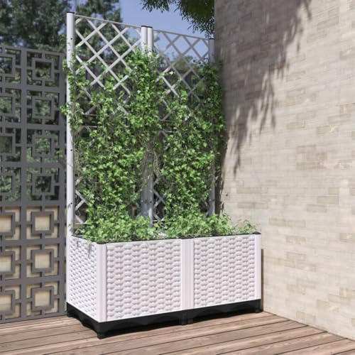 Myheimly Pflanzkübel mit Rankgitter Blumenkübel Pflanzkasten Blumentopf Blumenkasten Rankhilfe Spalier Gartenspalier,PP Pflanzkübel Weiß,80 x 40 x 136 cm