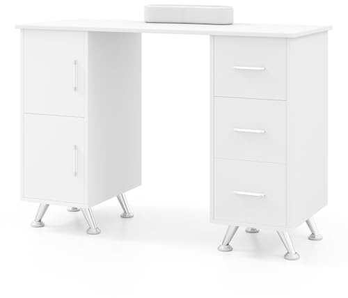 RELAX4LIFE Manicure Table, Professional Nail Tech Desk Station with Removable Wrist Rest, 8 Metal Legs, 3 Drawers & 2 Cabinets, Wooden Nail Art Workstation for Beauty Salon Spa Makeup (White)