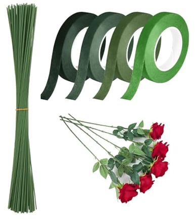 PEAPIN 24 Pcs Flower Arranging Accessories, Floral Tape, Florist Wires | 4 Rolls Green Florist Tapes and 20 Pcs Florist Wires, Floral Tape for Wedding Bouquet Stem Wrapping and DIY Handcrafts