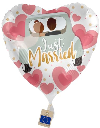 Folienballon Just Married – Herzballon Hochzeit | Nostalgischer Hochzeitsballon mit Brautpaar im Auto, Geschenk & Deko für Hochzeit, Standesamt, Fotoecke & Flitterwochen