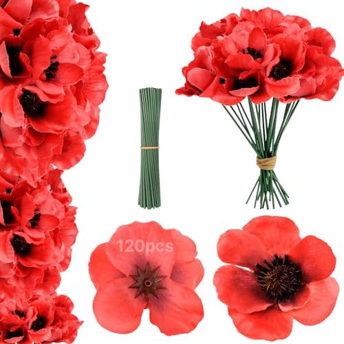 Poppies Artificial Flowers, Silk Faux Flowers with Flower Branch, 120 Set