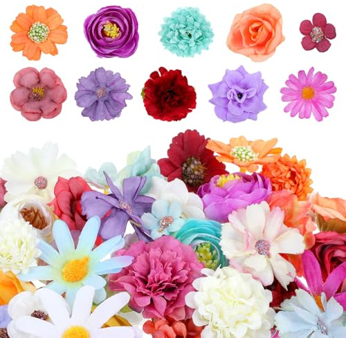50PCS Artificial Flower Heads for Decoration, Fake Flower for Crafts, Mini Flowers Rose Daisy Craft Supplies for DIY Wedding Party Baby Shower Wreath Graduation Season Party Home Decor Multicolor