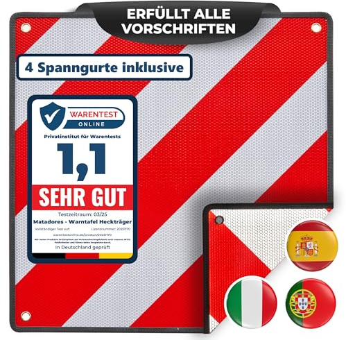 MATADORES Premium 3in1 Warntafel für Italien UND Spanien + Portugal | + 4 Spanngurte | Aluminium, 50x50cm, reflektierend | Für Fahrradträger/Heckträger