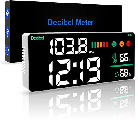 Medidor de decibelios digital 4 en 1 for colgar la pared, medidor nivel ruido, rango 30 a 130 dB, pantalla LED grande 11 pulgadas