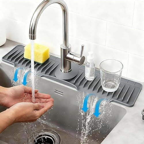 16 Silicone Faucet Mat for Kitchen Sink of The Lastest, Dark Grey | 8° Slope Fast Self-draining, Kitchen Sink Water Splash Guard, Behind Faucet Draining Mat, for Bathroom Kitchen Sink Area