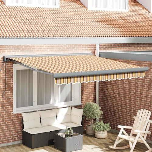 Tenda da sole retrattile automatica, 300 x 250 cm, con strisce multicolori, colore giallo, grigio, bianco, per balcone e terrazza, protezione solare elettrica con telecomando e design moderno