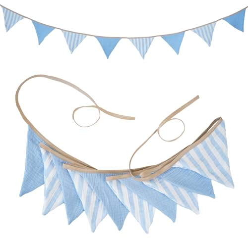 G2PLUS 2.6m Guirlande Fanions Enfant,Guirlande Fanions Tissu Bleu | Fanion Chambre Enfant Motif à Rayures Verticales pour Décoration de Baby Shower,Anniversaire,BaptêMe,Bricolage