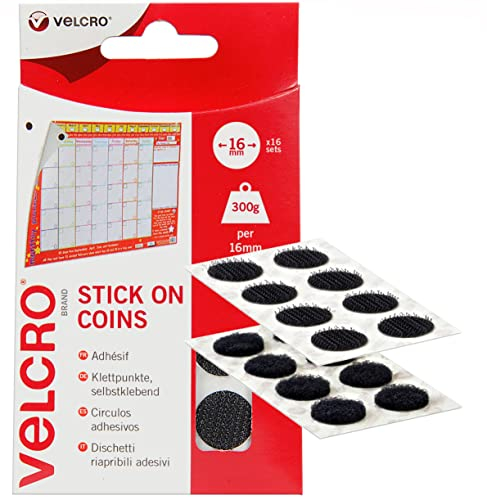 VELCRO Brand | Stick On Coins | Double Sided Hook & Loop Self Adhesive Sticky Coins Perfect for Room Décor & Home, Office, Garage Use | Black | 16mm x 16mm | Pack of 16