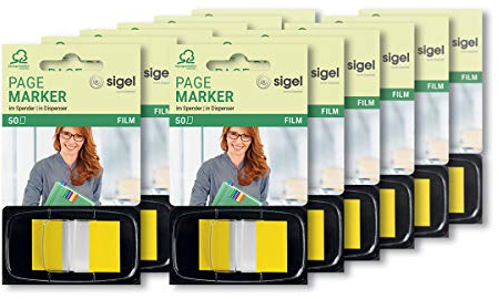 SIGEL Haftmarker Spender Gelb 12er Pack 50 Streifen | HN490/12, 12 Spender mit je 50 Streifen im Format 25 x 43 mm