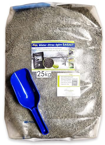 Multifunktions - Splitt Basalt Streusplitt Winter hohe Abriebshärte 2-5mm alternativ zu Streusalz (25kg Basaltsplitt+ Schaufel)