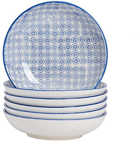 Nicola Spring Patterned Pasta Bowls - Navy - Pack of 6 | Stoneware Flower Print Design Rice Serving Bowls for Cereal, Fruit, Dessert, Salad, Noodles, Snacks