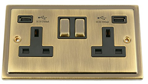 USB Socket 2 Gang - Victorian Period Antique Dark Brass (2100mA)